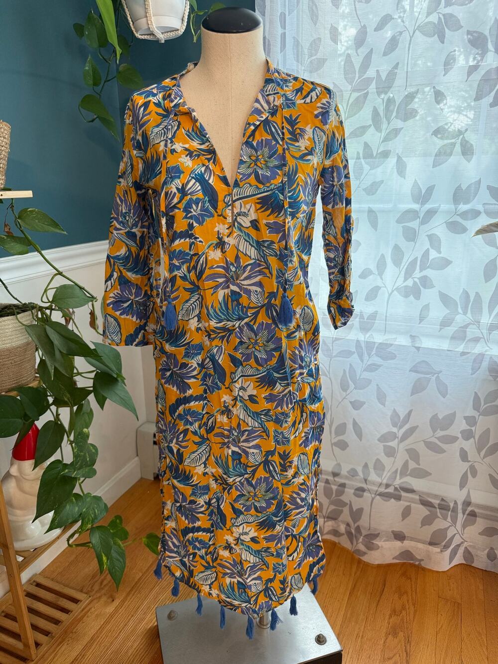 J.Crew Yellow Floral Cotton Tassel Hem Tunic Swim Cover-Up - XXS
